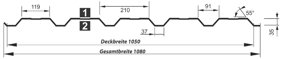 Querschnitt unsere Wandblech T-35DRW in 0,63 mm Materialstärke. Profilhöhe = 35 mm, Nutzbreite = 1050 mm